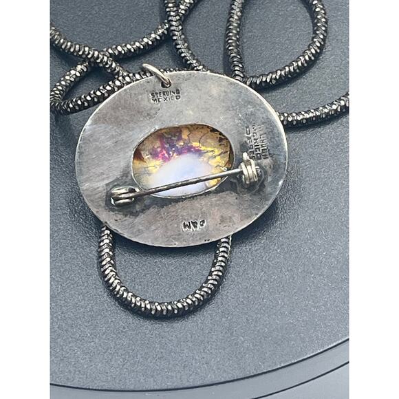 Sterling Silver Vintage Fire Opal Pendant Brooch Necklace Hecho En Mexico 22g - Picture 12 of 15